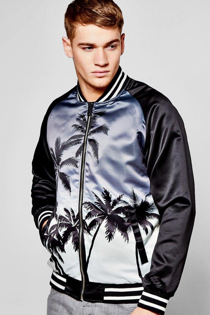 Boohoo Palm Print Satin Souvenir Bomber Black