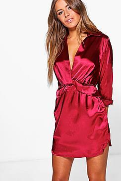 Boohoo Petite Clara Knot Front Satin Shirt Dress