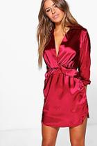 Boohoo Petite Clara Knot Front Satin Shirt Dress
