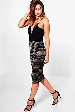 Boohoo Sarna Metallic Stripe Mesh Midi Skirt