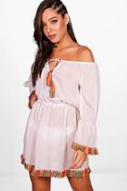 Boohoo Cerys Bardot Tassel Beach Dress