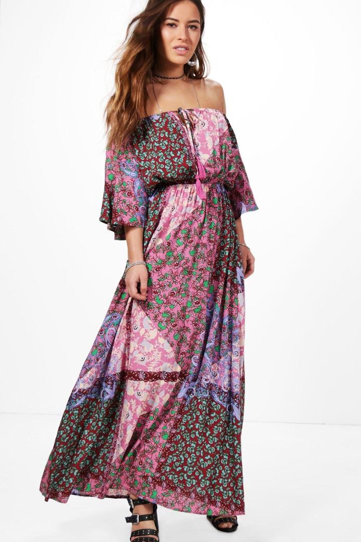 Boohoo Petite Mollie Printed Off The Shoulder Maxi Dress Multi