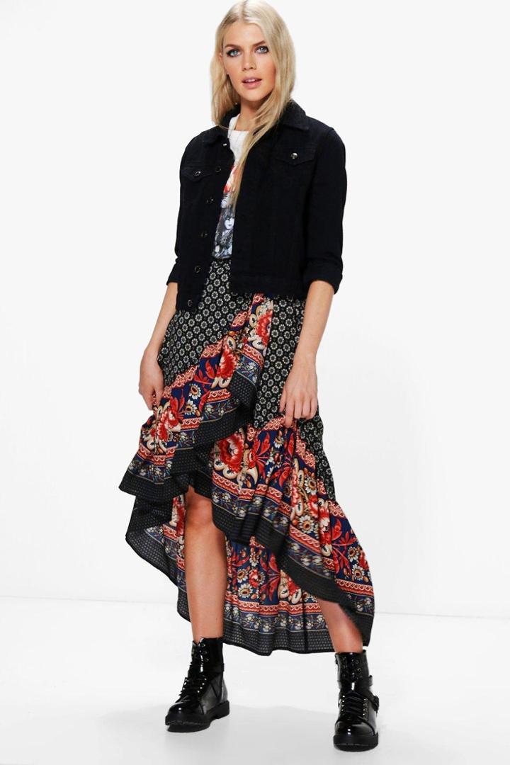 Boohoo Zinnia Ruffle Hem Border Print Maxi Skirt Multi