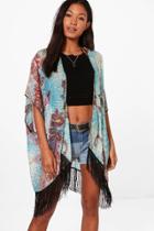Boohoo Kelly All Over Printed Kimono With Tassles Blue