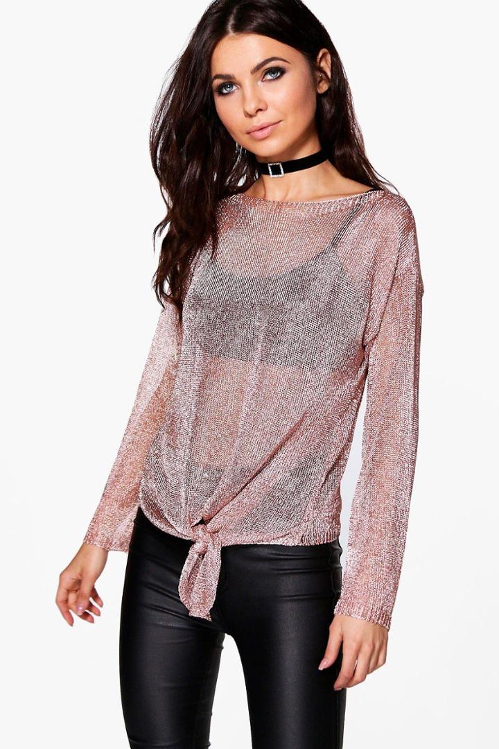 Boohoo Matilda Metallic Oversize Jumper With Tie Front Bronze