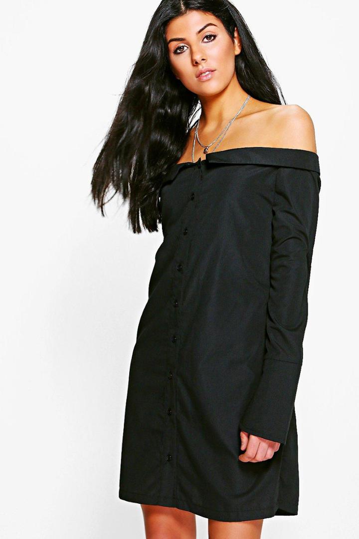 Boohoo Sheila Off Shoulder Shirt Dress Black