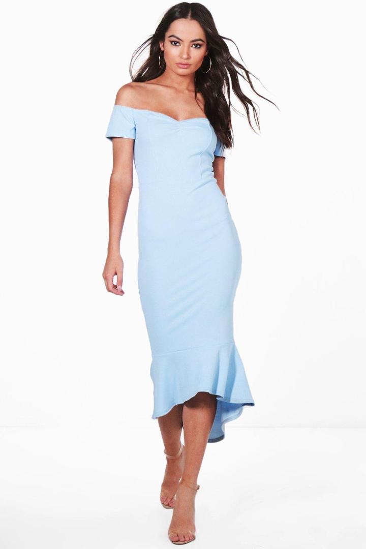 Boohoo Elsie Off The Shoulder Frill Hem Midi Dress Sky