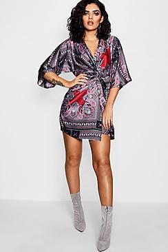 Boohoo Luxe Scarf Print Knot Front Shift Dress