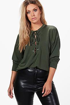 Boohoo Plus Annie Eyelet Tie Sweat Top