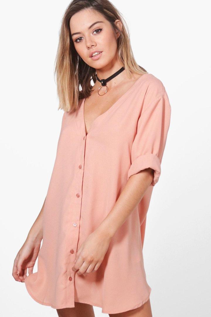 Boohoo Petite Hana V Neck Off The Shoulder Shirt Dress Nude