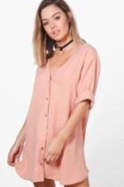Boohoo Petite Hana V Neck Off The Shoulder Shirt Dress Nude
