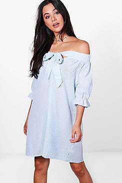 Boohoo Mollie Off The Shoulder Crinkle Stripe Shift Dress