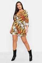 Boohoo Plus Tiger Print Ruffle Tie Front Playsuit