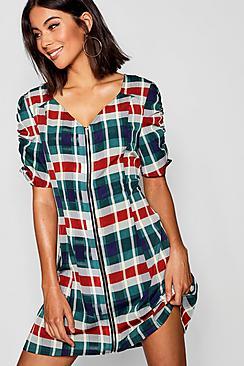 Boohoo Emerald Check Zip Through Puff Sleeve Shift Dress