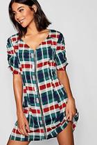 Boohoo Emerald Check Zip Through Puff Sleeve Shift Dress