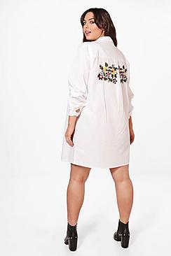Boohoo Plus Leah Embroidered Front And Back Shirt Dress