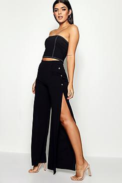 Boohoo Harper Popper Split Side Crepe Wide Leg Trouser