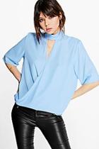 Boohoo Maya High Neck Cut Out Choker Wrap Front Blouse