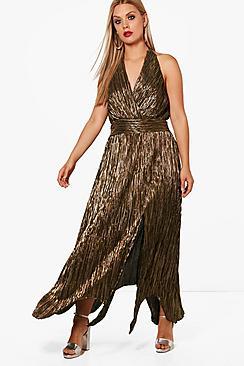 Boohoo Plus Paige Metallic Pleat Hanky Hem Wrap Dress