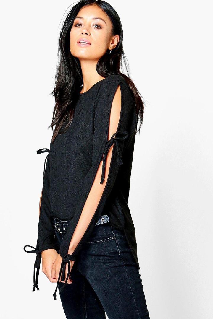 Boohoo Lucy Cold Shoulder Lace Up Sleeve Jumper Black