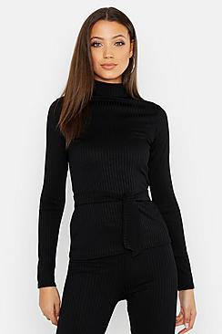 Boohoo Tall Jumbo Rib High Neck Belted Top