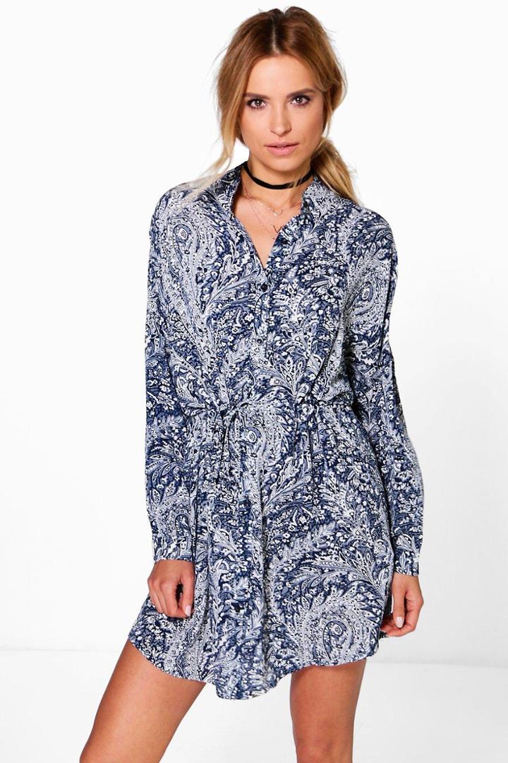 Boohoo Suki Paisley Print Tie Front Shirt Dress Navy