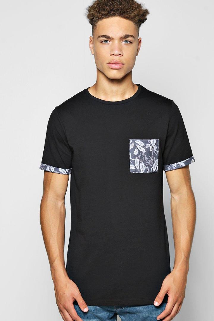 Boohoo Pocket Print T Shirt With Turn Up Cuff Black