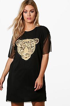 Boohoo Plus Saskia Leopard Sequin Applique Mesh Dress