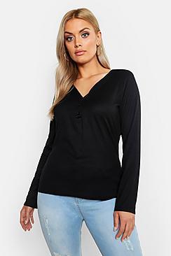 Boohoo Plus Basic Rib Long Sleeve Button Top