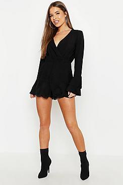 Boohoo Petite Broderie Tie Front Playsuit
