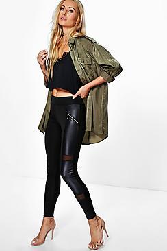 Boohoo Mira Zip Front Leather Look Panel Leggings