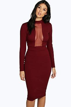 Boohoo Ana Mesh Panel Long Sleeve Midi Bodycon Dress