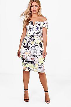 Boohoo Plus Jenna Off The Shoulder Scuba Floral Midi Dress