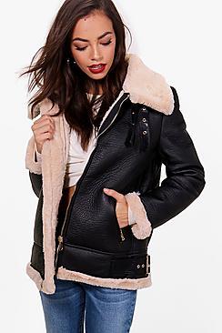 Boohoo Freeda Contrast Collar And Cuff Aviator Jacket