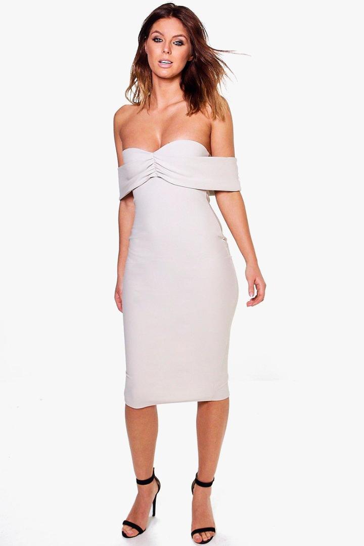 Boohoo Sia Off Shoulder Gathered Fine Rib Midi Dress Grey