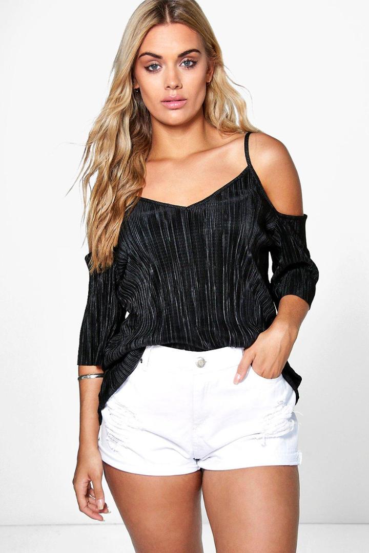 Boohoo Plus Elena Pleated Open Shoulder Top Black
