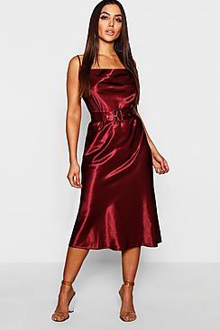 Boohoo Satin Belted Cowl Neck Midi Dress