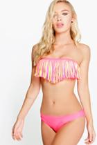 Boohoo Murcia Neon Fringe Bandeau Bikini Neon-pink