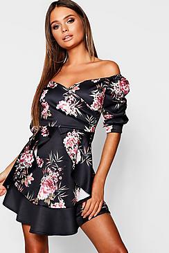Boohoo Floral Off The Shoulder Frill Skater Dress