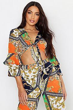 Boohoo Chain Print Ruffle Sleeve Wrap Top