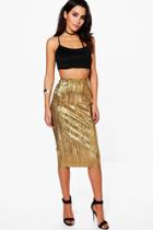 Boohoo Amaya Metallic Pleated Midi Skirt Gold