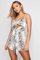 Boohoo Esther Ruched Tie Front Snake Print Playsuit