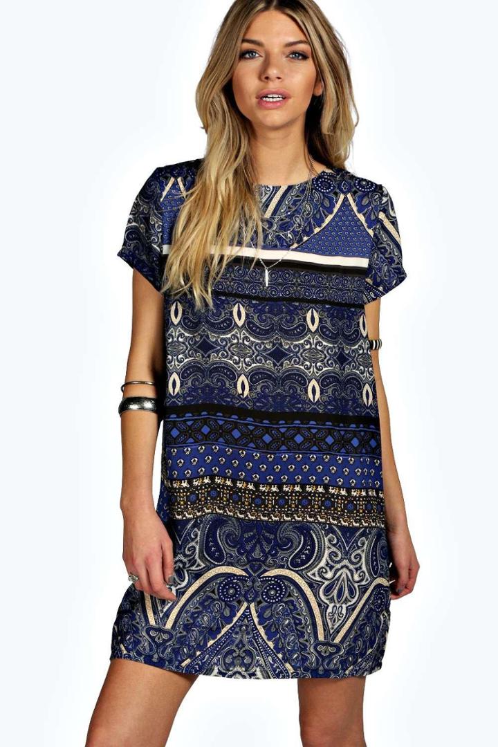 Boohoo Nina Woven Paisley Shift Dress Blue
