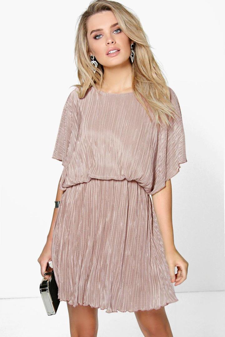 Boohoo Caitlin Pleated Kimono Sleeve Skater Dress Sand