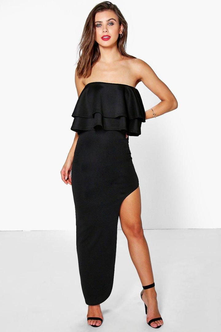 Boohoo Petite Ella Frill Thigh Split Maxi Dress Black