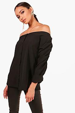 Boohoo Annabel Ruched Sleeve Bardot Shirt