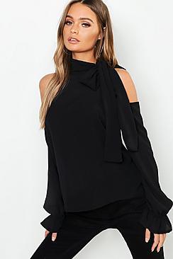 Boohoo Tie Neck Cold Shoulder Woven Top