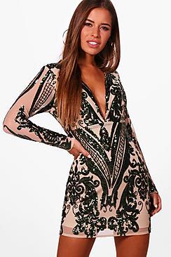 Boohoo Petite Sequin Long Sleeve Bodycon Dress