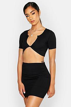 Boohoo Twist Front Crop Top & Mini Skirt Rib Co-ord