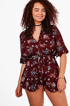 Boohoo Plus Kerry Ruffle Hem Floral Printed Playsuit